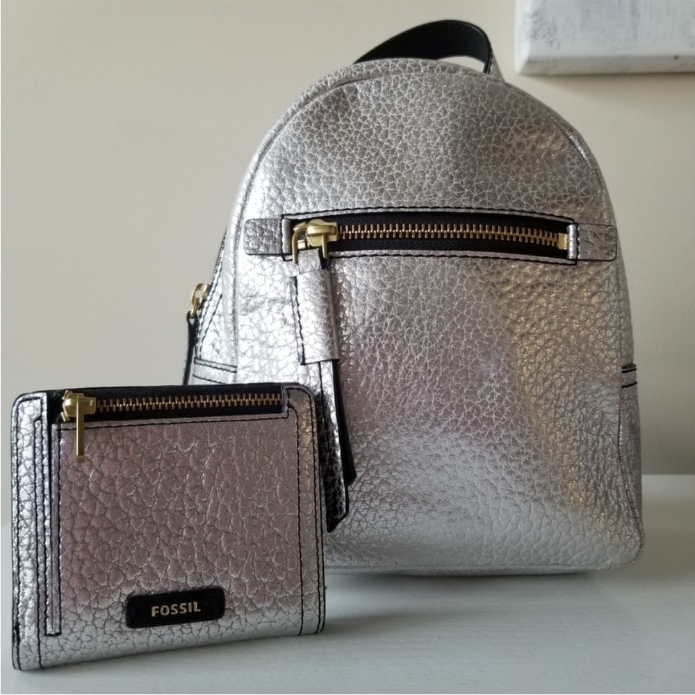 Fossil Silver Metallic Mini Backpack and Wallet Set